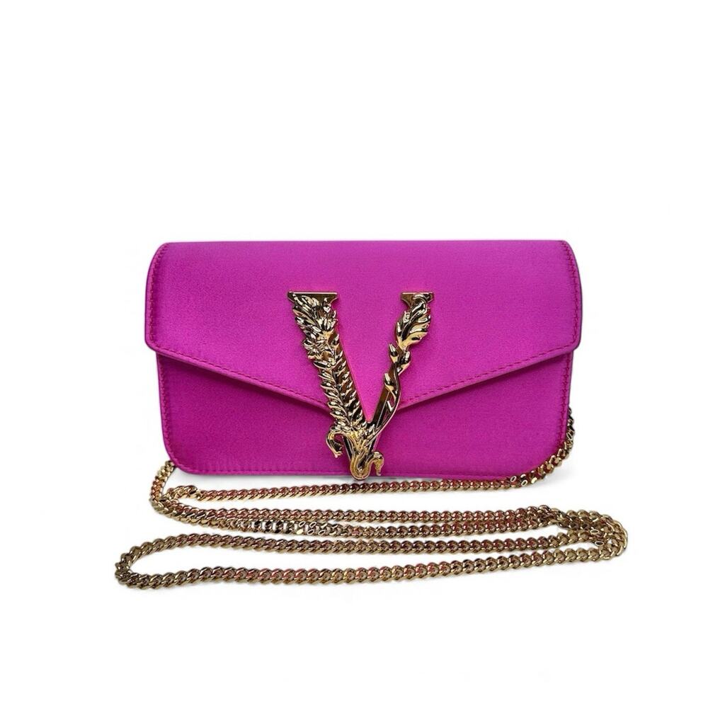 NWT Versace Fuchsia Satin Virtus Gold Engraved Logo Mini Evening Crossbody Bag